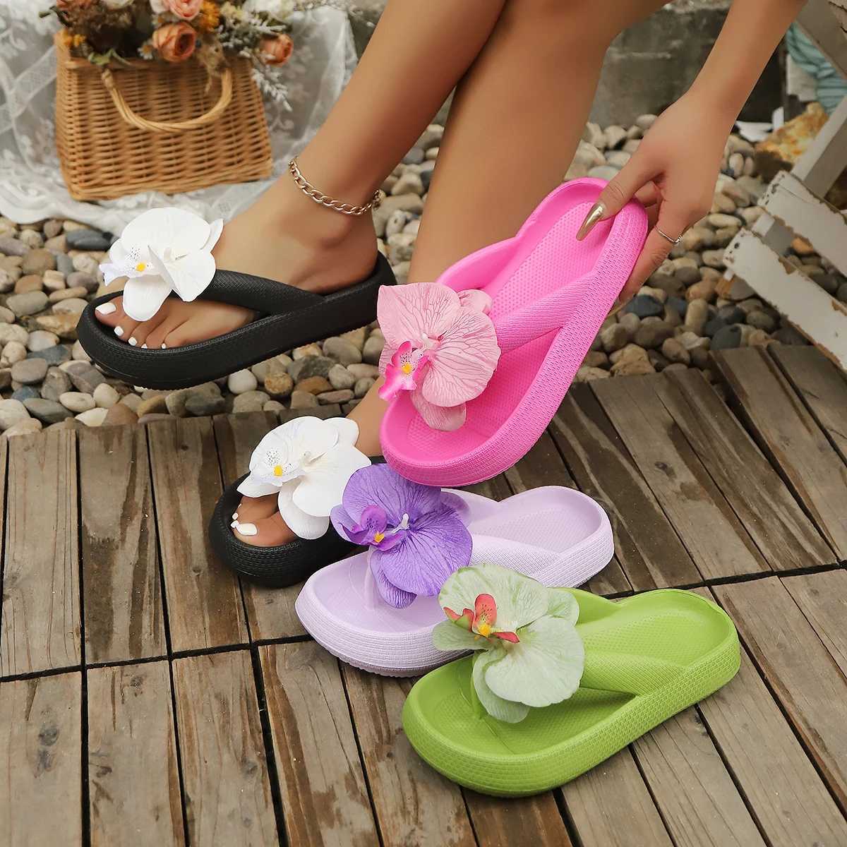 New Summer Womens Multi-Color Flip-Flops Phalaenopsis Flowers Party Outdoor Beach Walk Indoor Home Sweet Cute Slippers XJ250610
