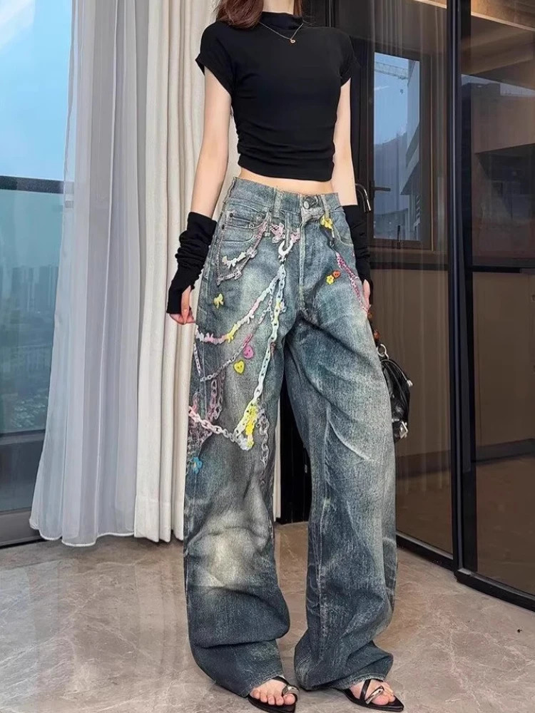 Korean Candy Chain Print Straight Leg Jeans Womens Harajuku Streetwear Y2k Baggy Jeans Hip-hop Retro Punk Wide-leg Pants Unisex 250611
