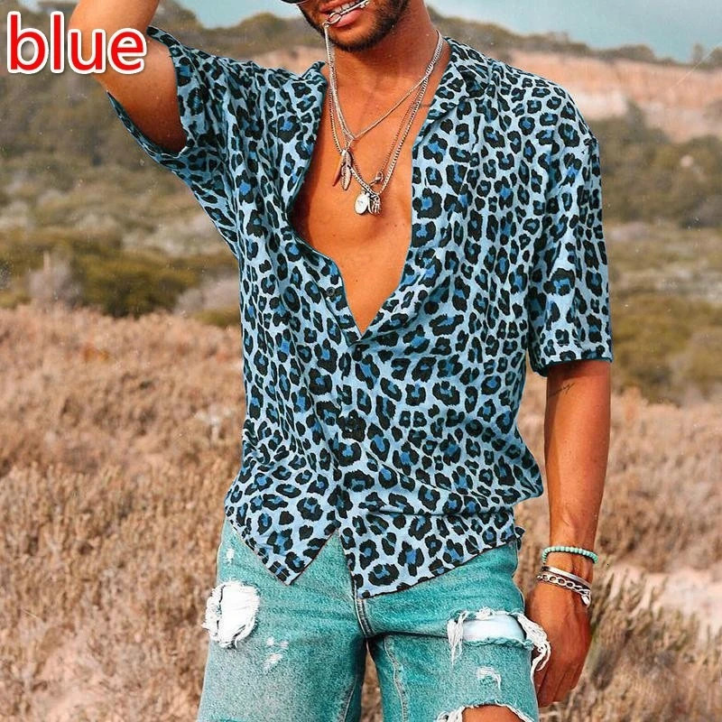 Fashion Mens Summer Hawaiian Shirt Leopard 3D Print Shirt Short Sleeve Casual Plus Size Beach Shirts Street Lapel Blouse Camisa 250606