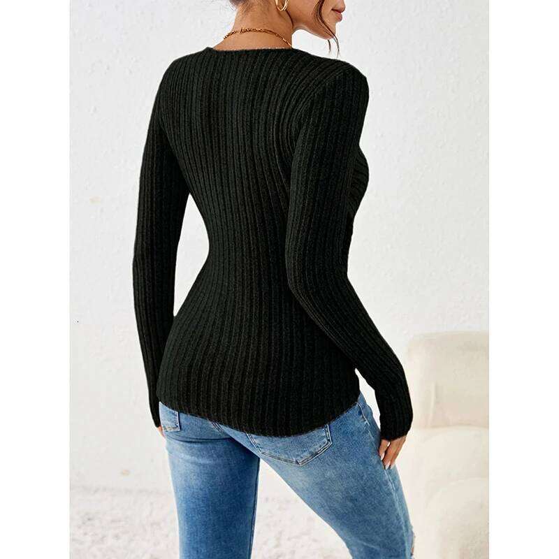 2025 New Button V-neck Knitted Sweater Pullovers Autumn Winter Basic Women Sweaters Fit Soft Warm Tops