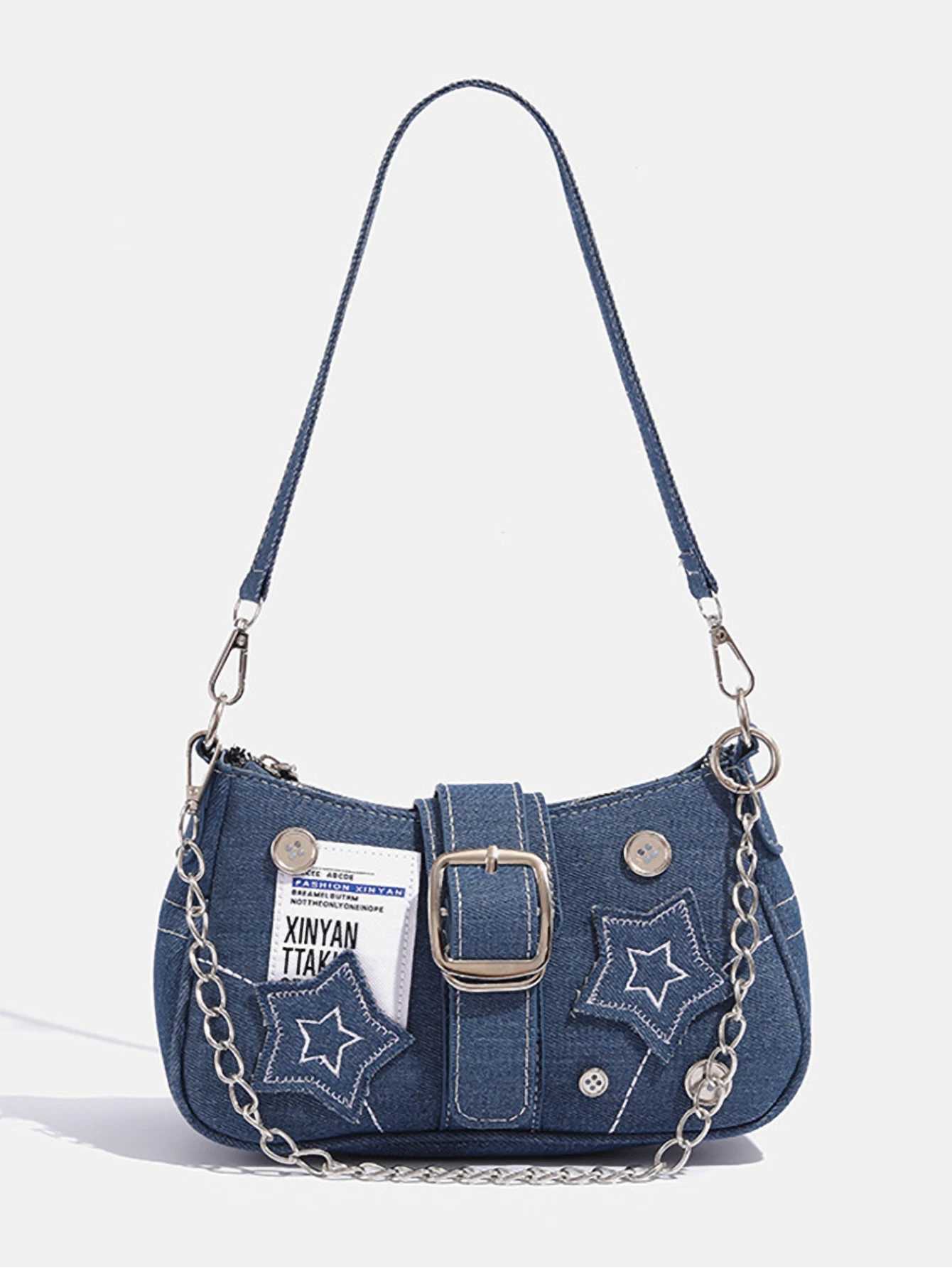 Y2K Motorcycle Hot Girl Style Shoulder Bag Versatile Star Denim Underarm Bag XJ250610