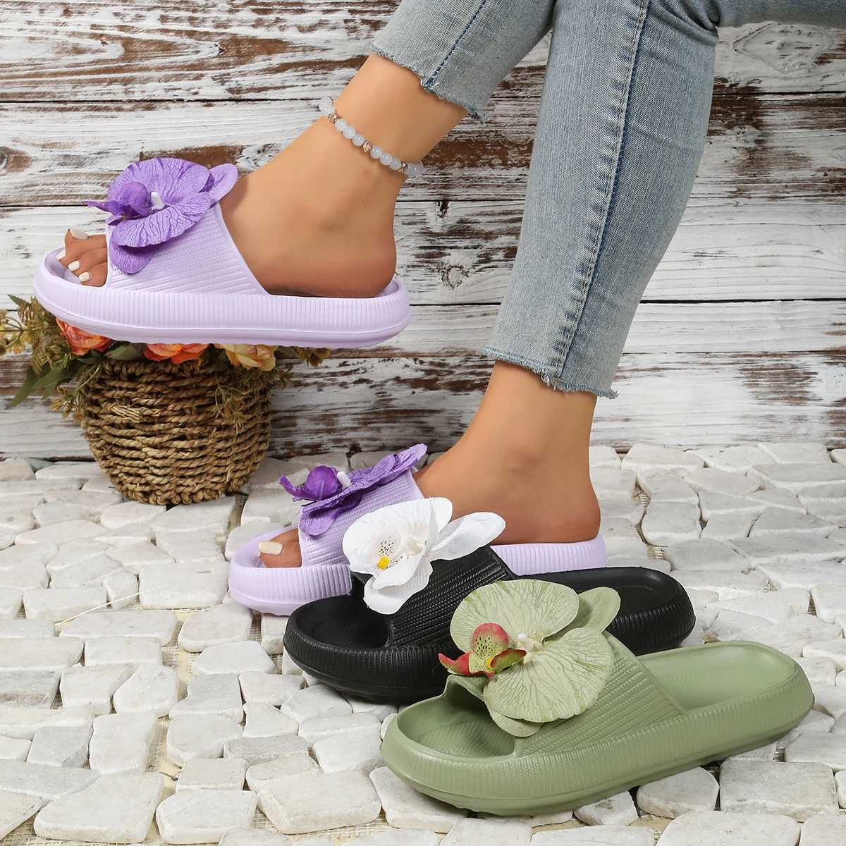 Romantic Phalaenopsis flower women popular slippers beach party sister sweet versatile comfort soft flat thick sole slippers XJ250610