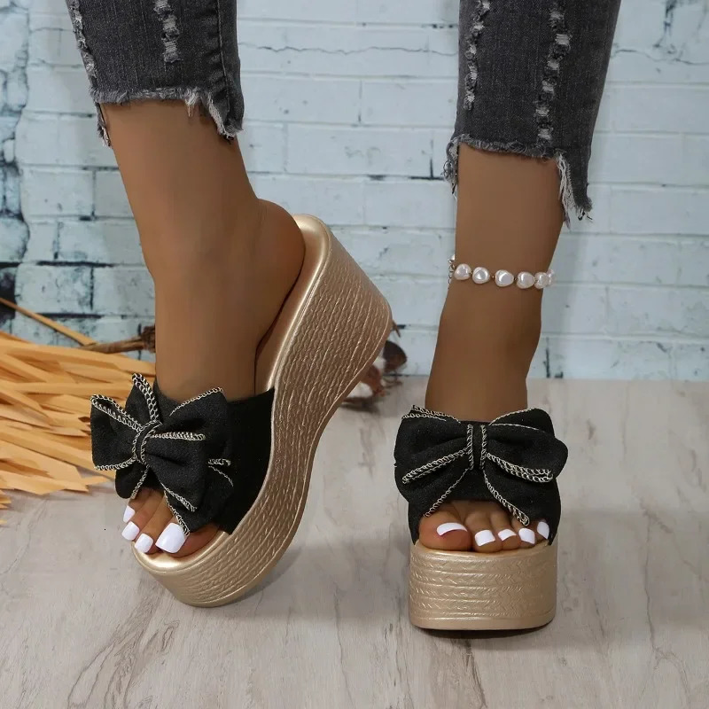 Fashionable high-heeled slippers elegant summer bow casual and comfortable large-sized high-quality wedge heel womens shoes 250609