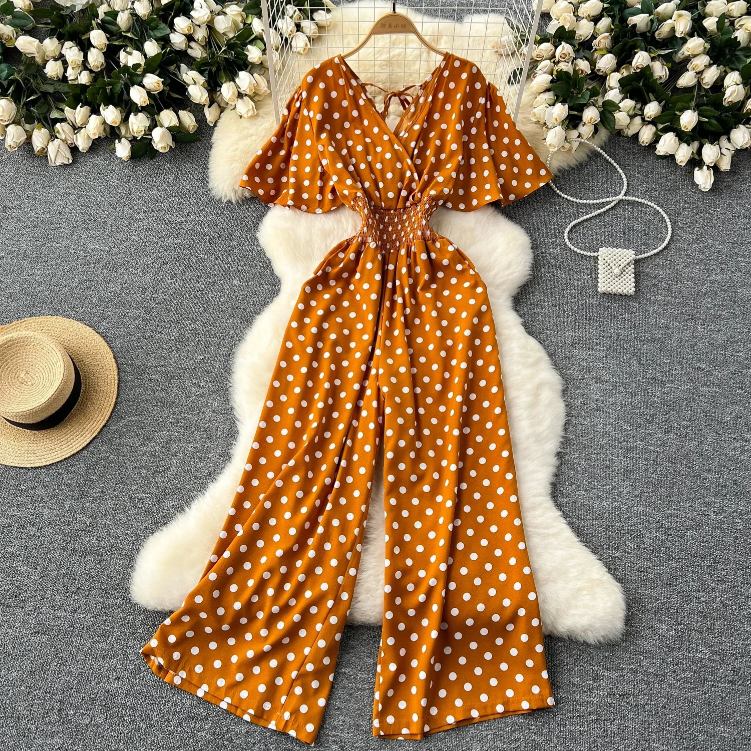 Summer Polka Dot Romper Women Elegant VNeck Short Sleeve High Waist Jumpsuit Female Loose Wide Leg Playsuits Fashion 250610