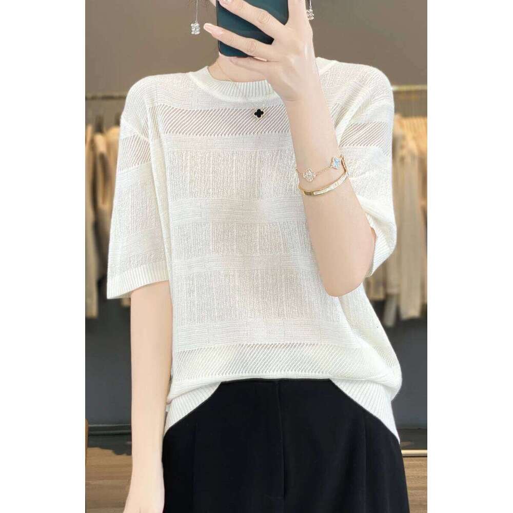Classic Short Sleeves Tencel Wool Blend Pullover Women Knitting Hollow Out Sweater O-Neck High quality thin design Basic Tops