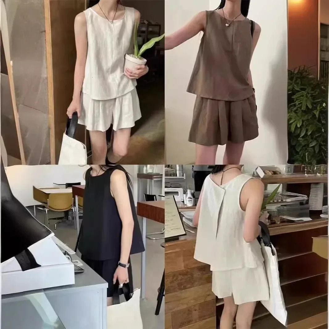 Fashionable Cotton Linen Womens Outfit Sleeveless Top Wide Leg Shorts Two Piece Set Sensation Casual Style 250606