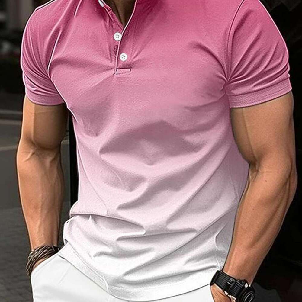 Spring Summer New Fashion Men's Stand Collar Gradient Casual Short Sleeve Golf Henley Shirt B5
