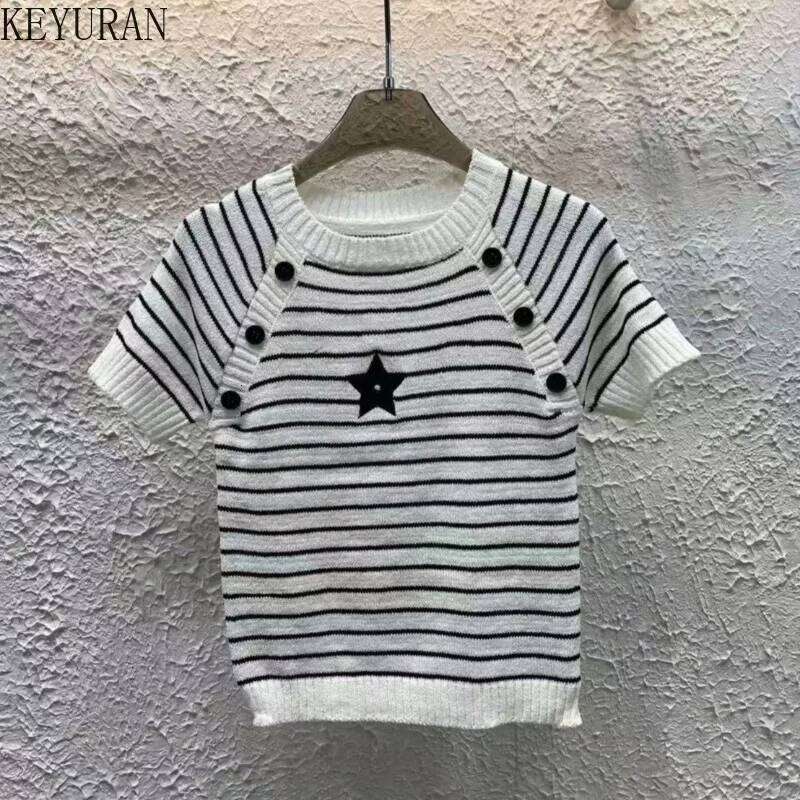 2025 Spring Summer New Striped Knitted Short Sleeve Sweater Women's Vintage Embroidery Round Neck Casual Pullover Knitwear Tops
