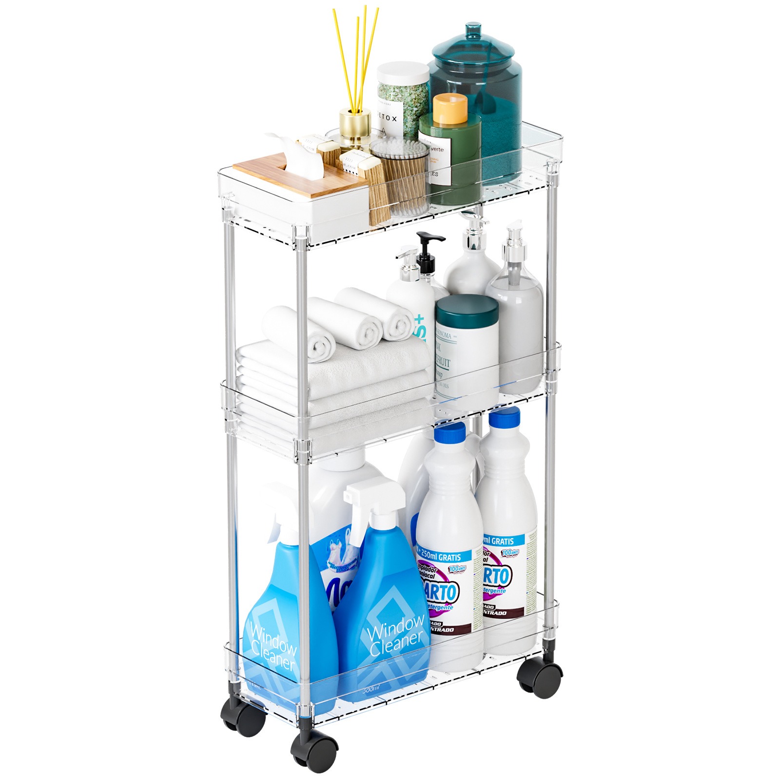 Rolling Storage Cart, Clear Utility Cart with Wheels - Movable Shelving Organizer for Bathroom, Laundry Room, Office, Living Room Storage