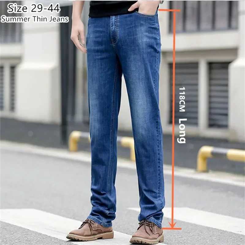 Summer Thin Tall Men Slim Fit 8CM Long High Waist Black Oversized Stretched 30KG Trousers Plus Size 46 44 42 Denim Pants W250612