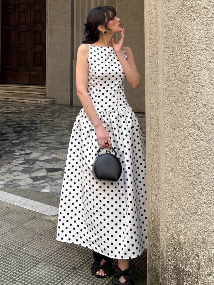 Elegant Women Polka Dot Maxi Dresses Chic Sleeveless Round Neck High Waist Slim Long Lady Party Street Dress 250611