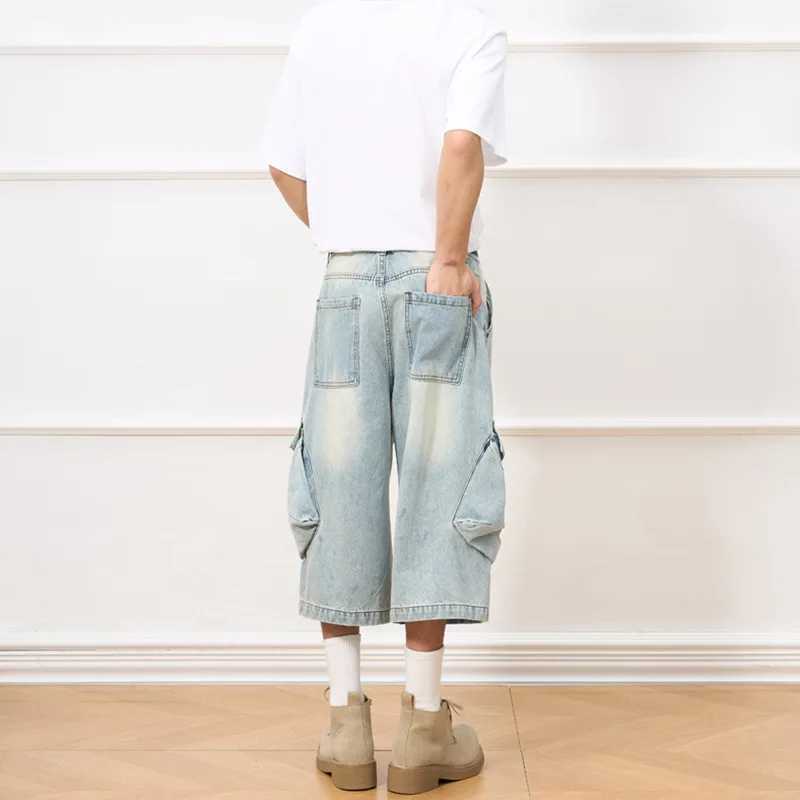 Vintage Mens Summer Casual Distressed Washed Denim Shorts Multi Pocket Crop Jeans Shorts Wide Legs Casual Cargo Jeans for Women W250612