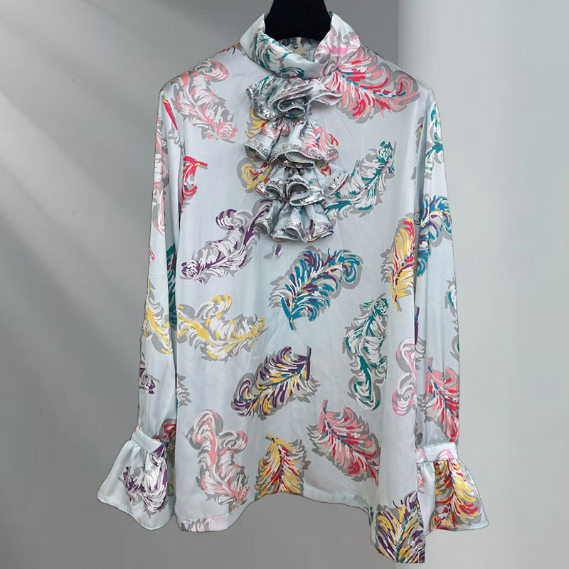 Classic Women's Feather Print Sequin Embroidered High-Neck Blouse Fashion Runway Ruffled Long Sleeve Lace Trim Loose Top Designer Silk Blend Clot