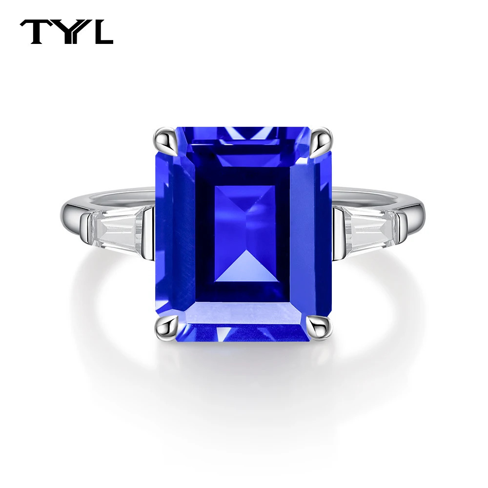 Tyyl 8Ct Ha Creato Anelli Di Zaffiro A Zaffiro Smeraldo Taglio Blu Pietra Gemtone Diamante Solido 925 Anello D'argento Donna Fidanzamento Gioielli D-image