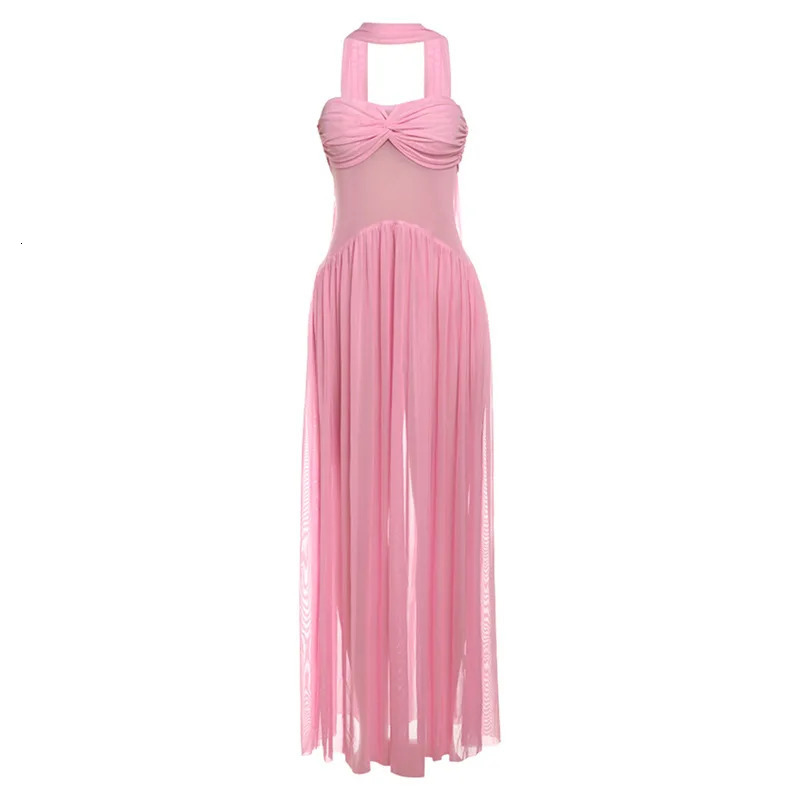 VEITCHE Summer Women Sexy Strapless Long Dress Female Through Mesh RobeHalter Scarf Mujer High Elasticity Maxi 250611
