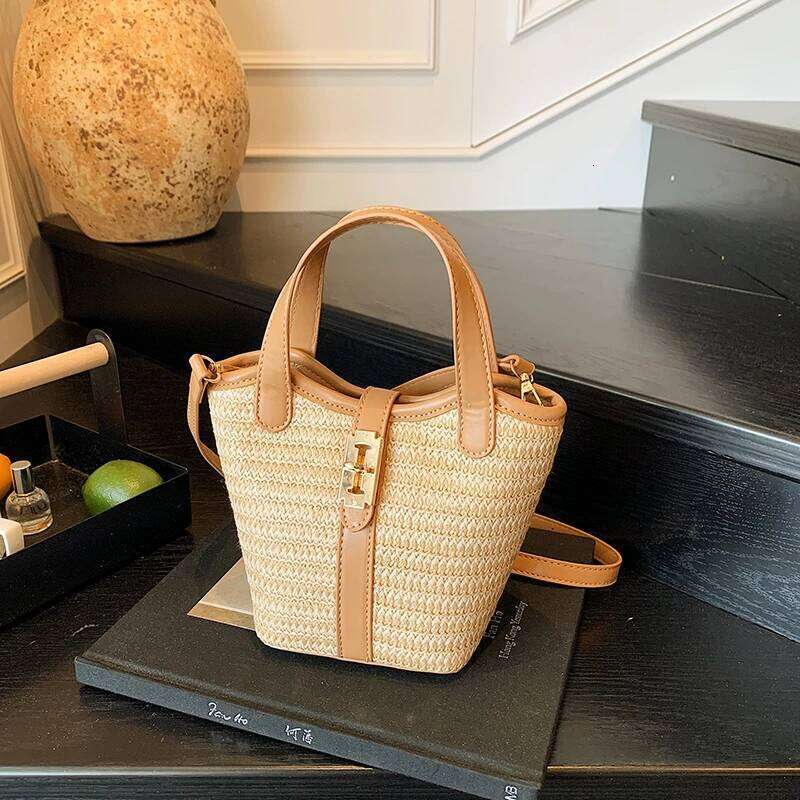 Women Small Basket PU Leather Straw Weaving Handbag Summer Travel Female Shoulder Cross Body Short Handle Bag