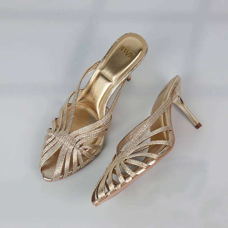 New Gold Hollow Thin Strip Heels for Women Pointed Toe Heeled Pumps Office Lady Mules Summer Stiletto Shoe Sandals 2025