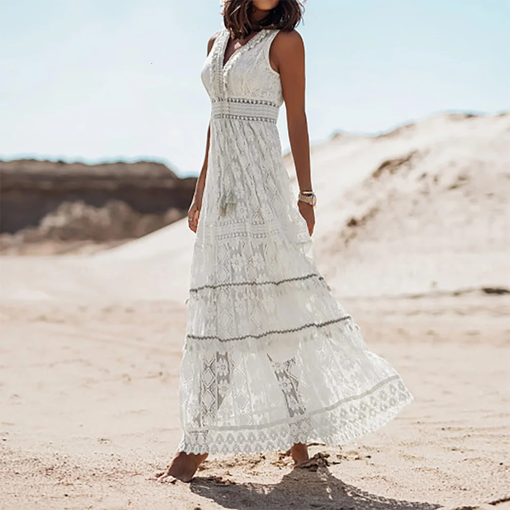 Womens Boho Lace VNeck Fringe Sleeveless Tank Vest Maxi Long Dress Summer Ladies Casual Holiday Beach Vacation Sundress SXL 250611