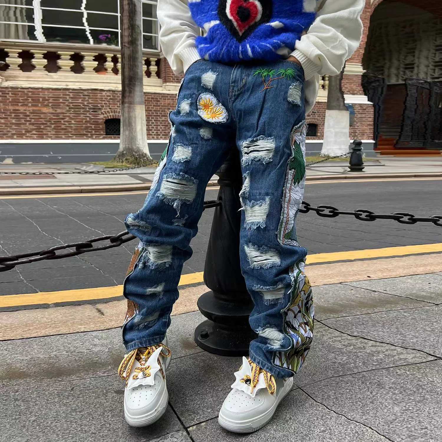 Harajuku Embroidered Patches Straight Denim Pants for Male Hip Hop Washed Jeans Y2k Black Blue Patchwork Ripped Jeans Baggy Men W250612