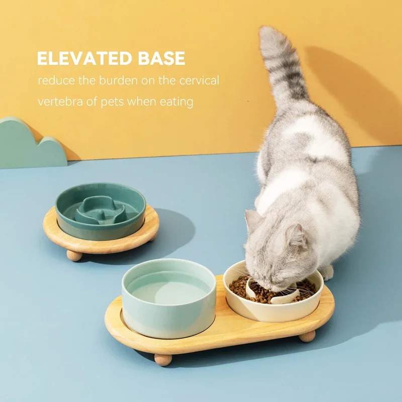 Small Dog Slow Feed Bowl Elevated Cat Drinking Eating Ceramic Bowls with Wooden Stand Pet Anti-Gulping Feeding Food Water Plate 250612