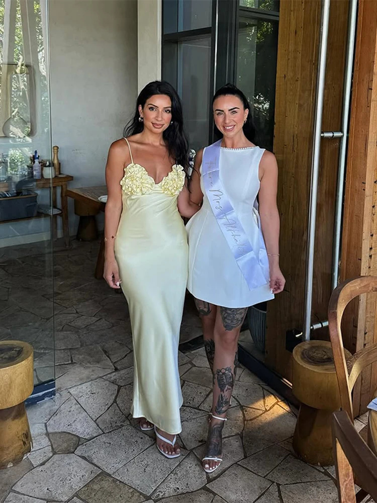 Satin 3D Flower Yellow Dress Women Slip Vneck Sleeveless Backless Lace Up Dresses Summer Lady Party Evening Slim Robe 250611