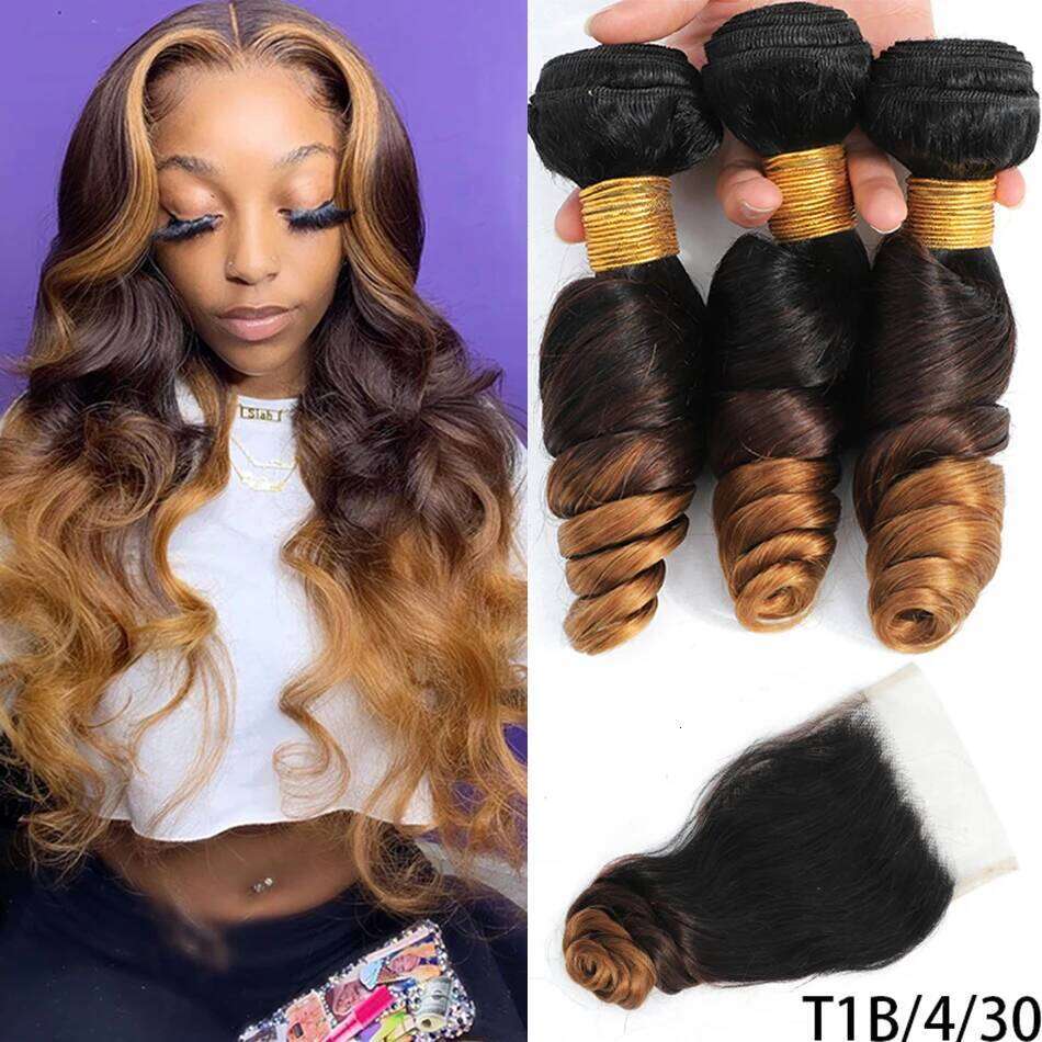 DreamDiana 10A Loose Wave Wet and Wavy Brazilian Ocean wave 100% Human Hair 3 Bundles with 4x4 Lace Closure