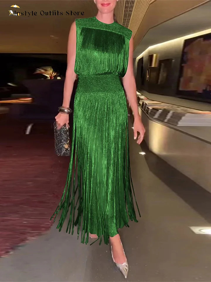 Elegant Tassel Maxi Dress Women Slim Spring Summer O-neck Shine Ankle-length Dresses Lady Sleeveless Solid Robe Female Party 250612bj