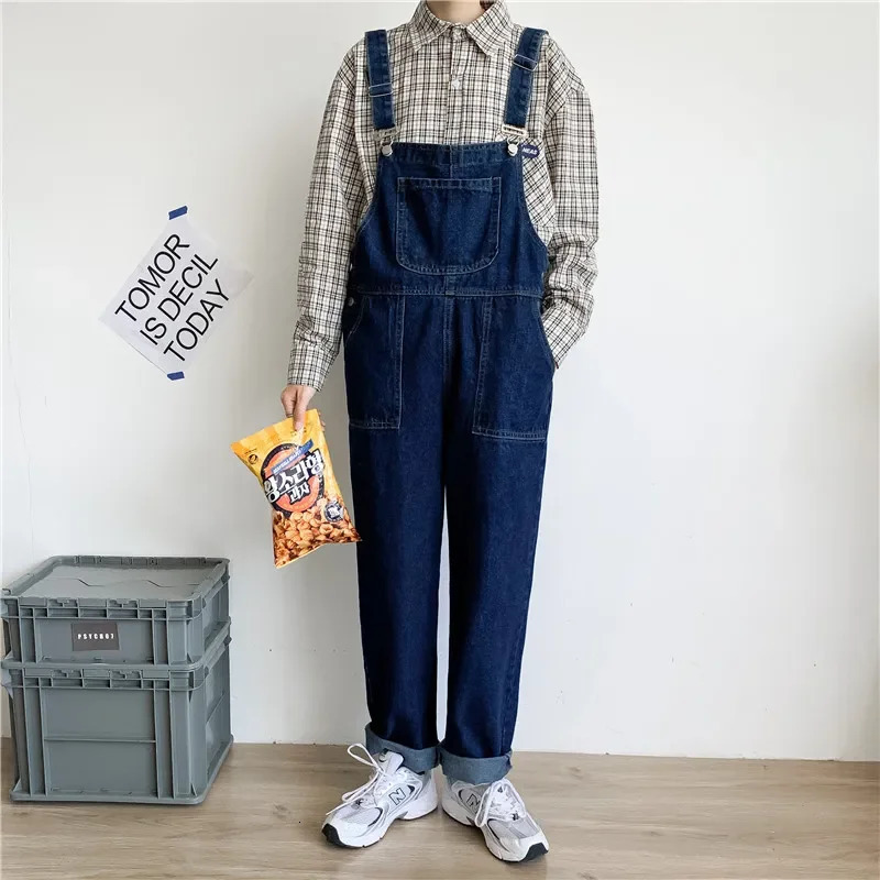 Mens Jeans Denim Overalls Loose Plus Size Cropped Pants Straight Suspenders Jumpsuits Pockets Blue Cowboy Trousers 250611Z