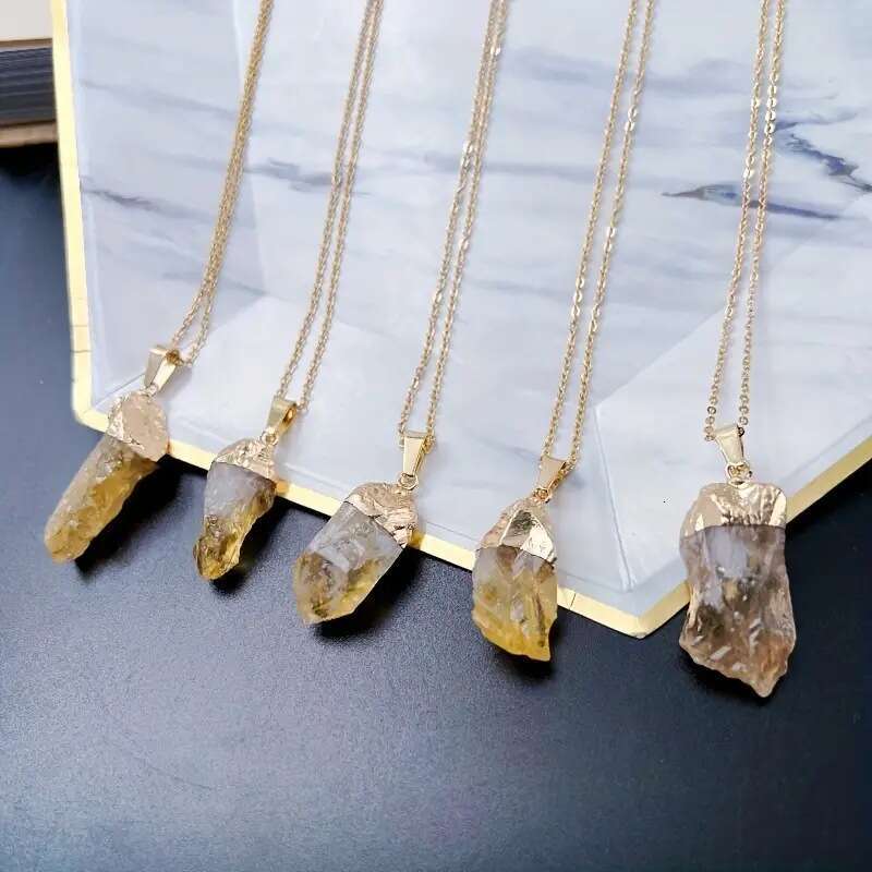 Natural Brazilian Citrine Rough Pendant Yellow Crystal Gold-Plated Hanging Ornament Hot-Selling Necklace DIY Accessory