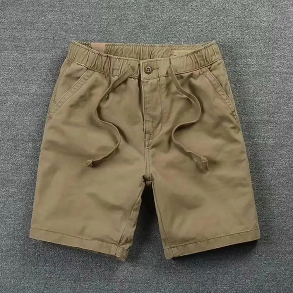 Summer Men Shorts Solid Color PatchPocket Drawstring Elastic Waist Half Trousers Casual Straight Male Cargo 250611Z