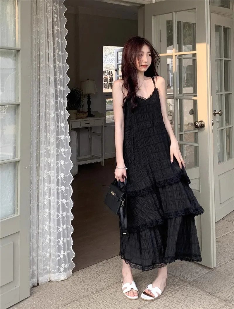 Summer Befree Long Vintage Casual Ruffles Elegant Maxi Strap Camis Silky Beach Lace Party Dress Vestidos Sexy Women 250611