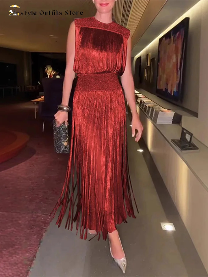 Elegant Tassel Maxi Dress Women Slim Spring Summer O-neck Shine Ankle-length Dresses Lady Sleeveless Solid Robe Female Party 250612bj