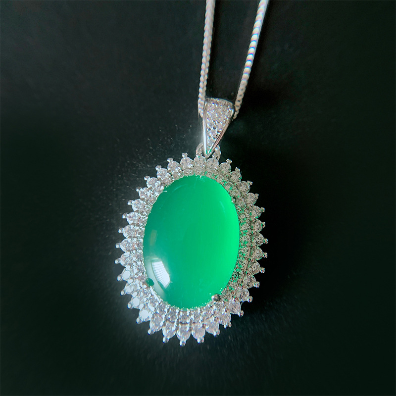 S925 Silver Jade Green Chalcedony Pendant Ring Earrings Set, Classic Design, Perfect for Weddings and Special Occasions, Elegant Fashionable Women
