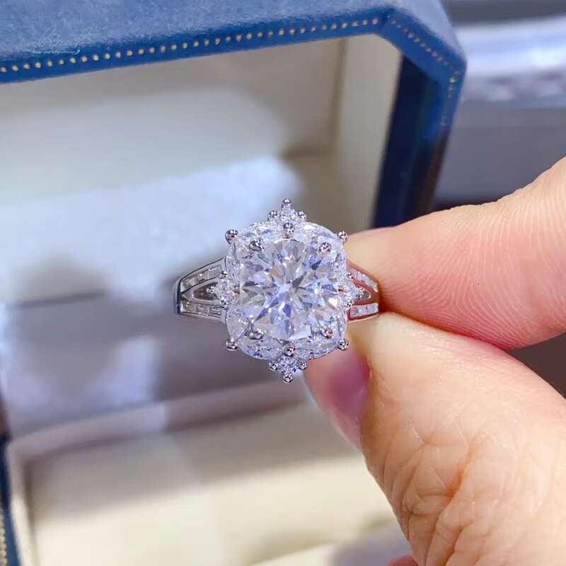 Silver 925 Original 2 Ct Brilliant Cut Diamond Test Past Sparkling D Color Moissanite Blossom Ring Teen Girls Fine Jewelry