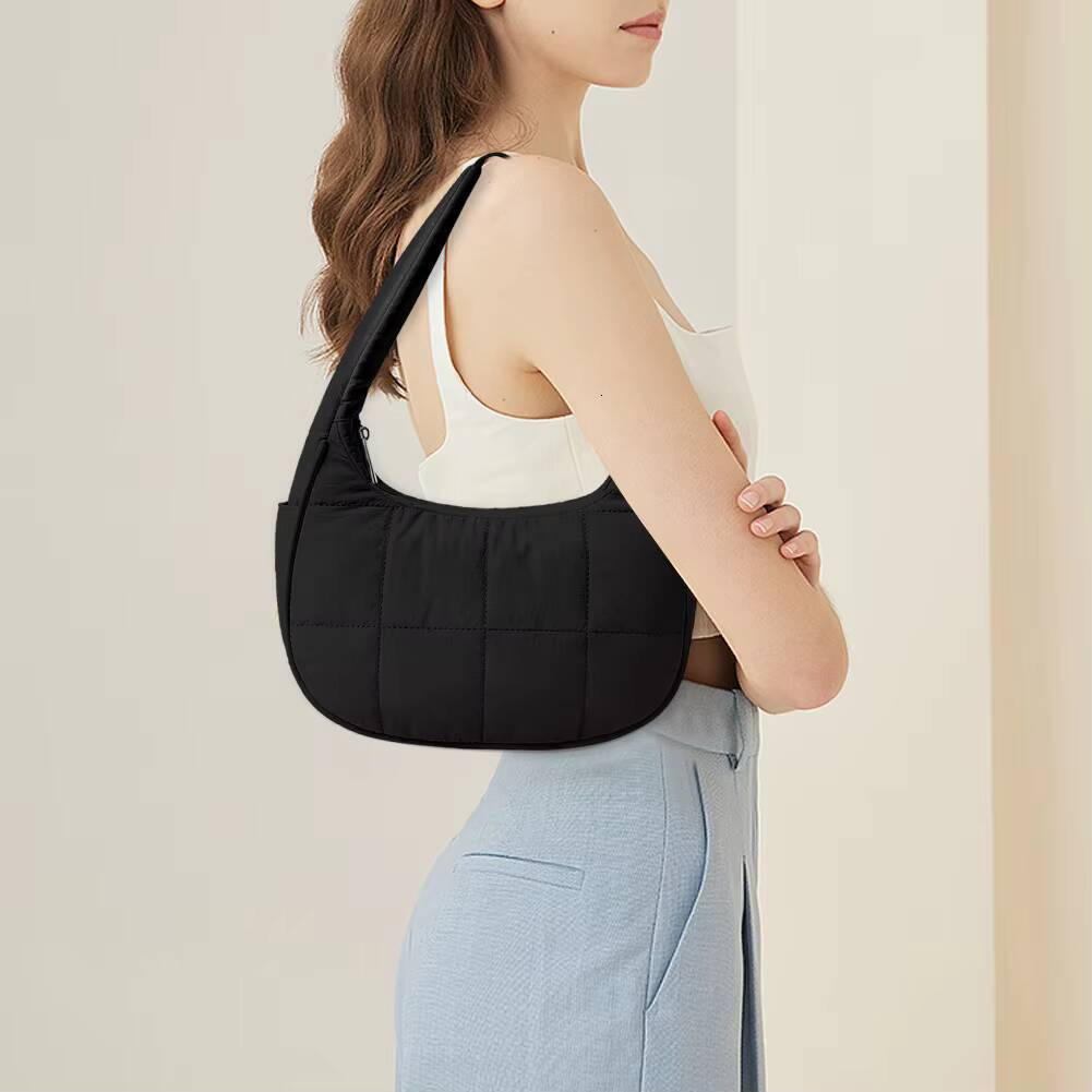 Puffer Crescent Women Quilted Shoulder Purse Nylon Adjustable Strap Handbag with Zipper Hobo Bag for Work Travel ddmynov