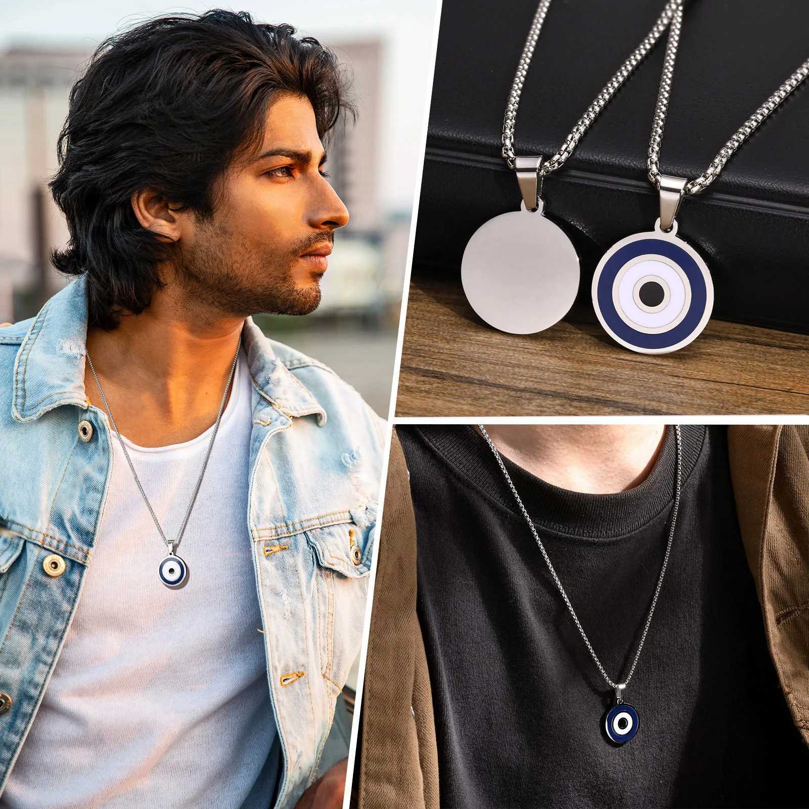 Casual Evil Blue Eye Necklaces for Men Stainless Steel Round Pendant with Box Chain Ethnic Turkish Collar Gifts Jewelry W250612