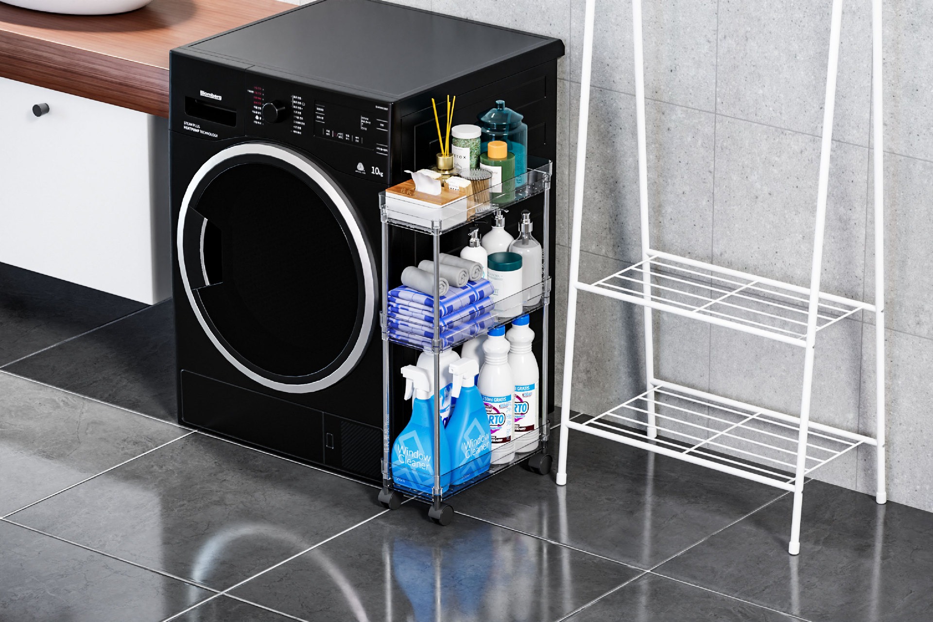 Rolling Storage Cart, Clear Utility Cart with Wheels - Movable Shelving Organizer for Bathroom, Laundry Room, Office, Living Room Storage