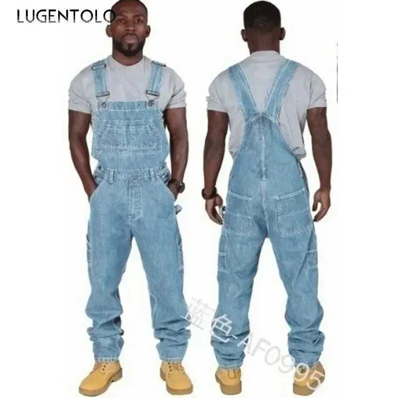 Lugentolo Overalls Jeans Men Large Size Spring Fashion Loose Straight Multi-pocket Denim Trousers W250612