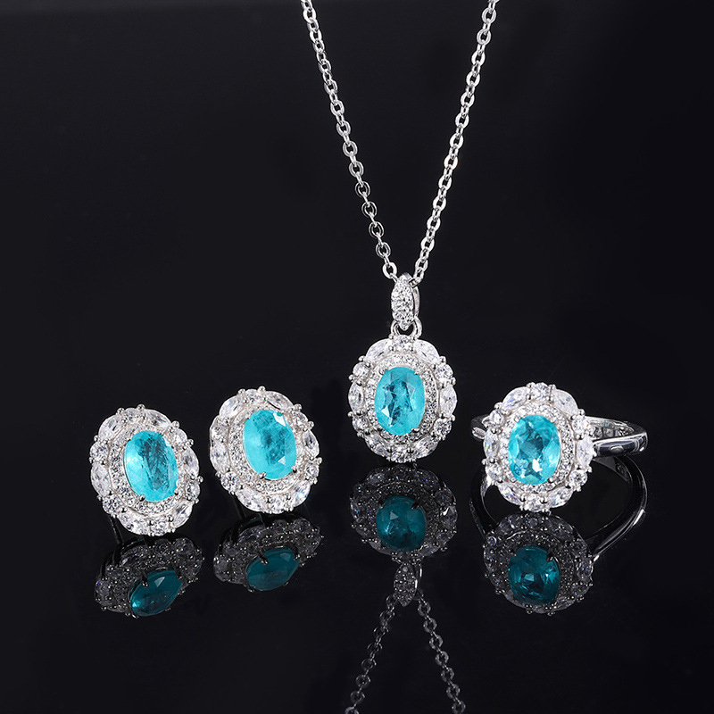 Hot Selling S925 Silver Jewelry Set, Faux Paraiba Gemstone Ring, Earrings & Pendant Set, Perfect for Weddings and Special Occasions, Fashionable Elega