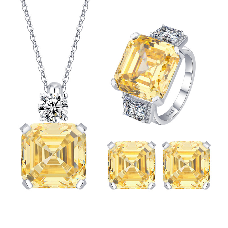 Luxurious S925 PureSilver Yellow Diamond Necklaces and Earings Collection Featuring Precision Crafted Ascher Shapes