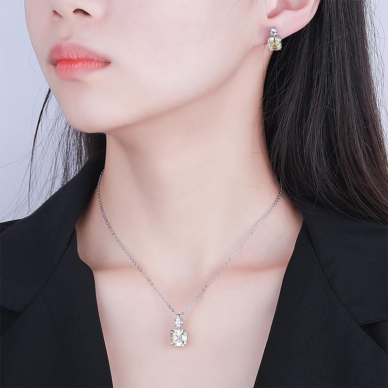 S925 Silver Ascher-Cut Blue & Yellow Gemstone Pendant Necklace & Earrings Set with High-Carbon Diamonds, Elegant Jewelry for Women