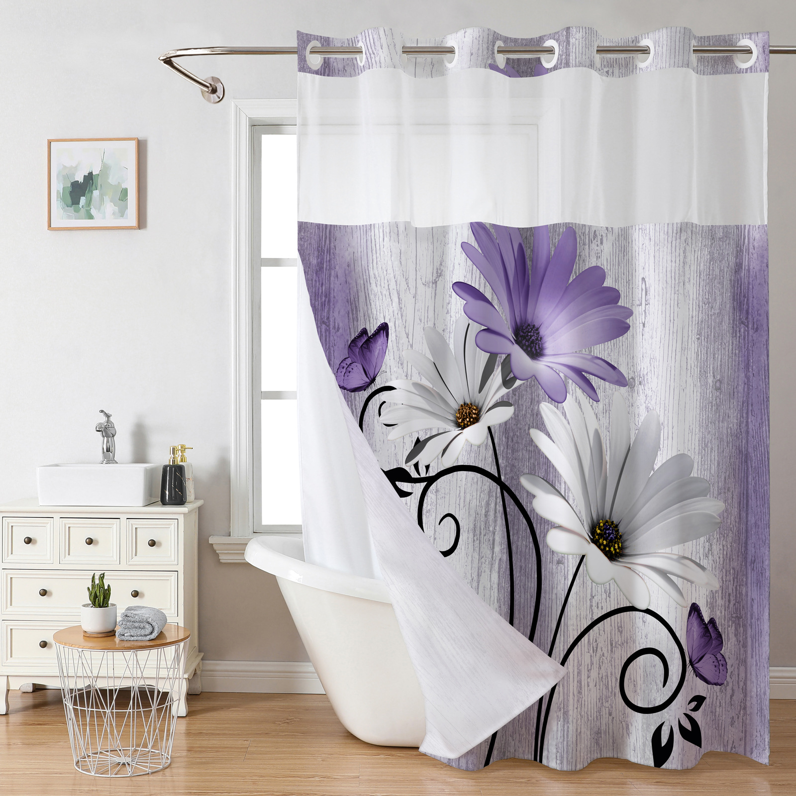 B326 waterproof shower curtain 3D digital printing polyester shower curtain bathroom punch-free blocking partition curtain