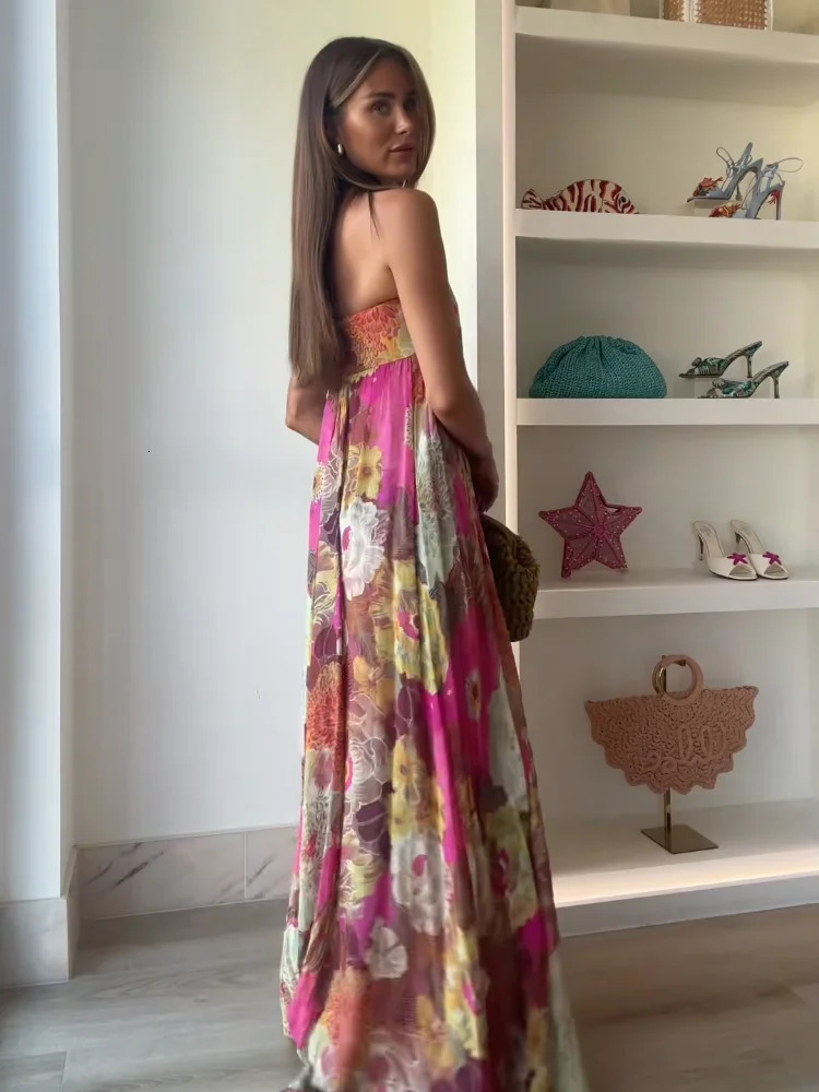 Retro Printed Strapless Long Dress Sexy Ladies Sleeveless Backless Pleated Dresses Summer Chic Female Party Street Robes 250611