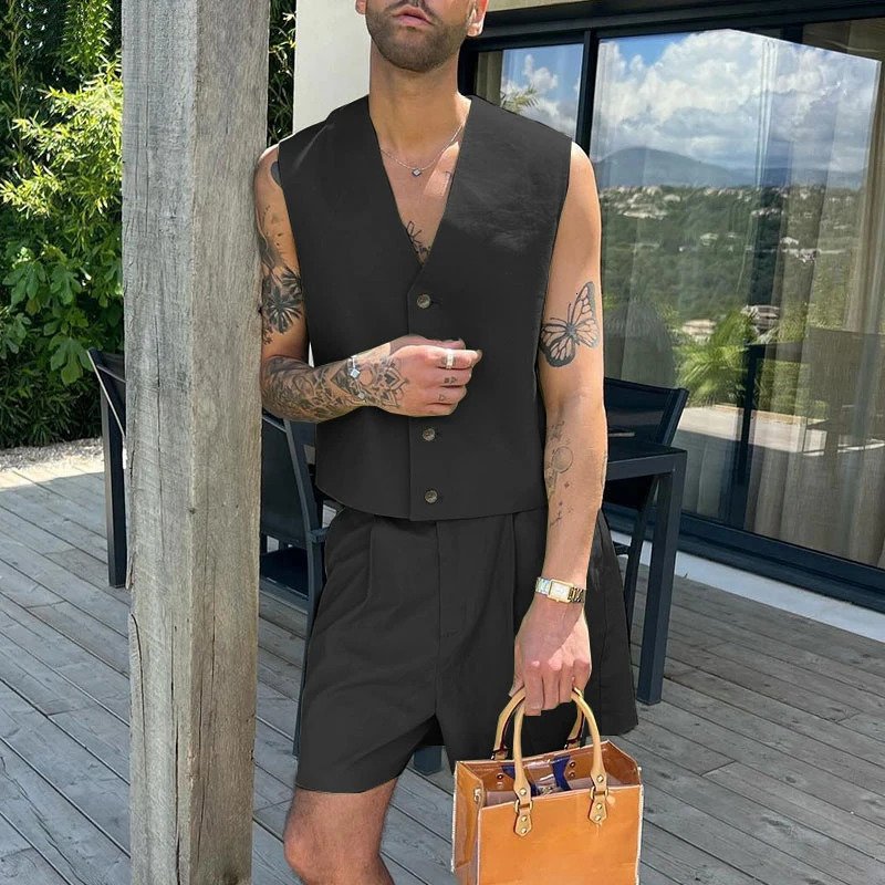 Summer Mens Solid Color Sets Casual V Neck Sleeveless Crop Vest Shorts 2 Piece Fashion Streetwear Suits 250612