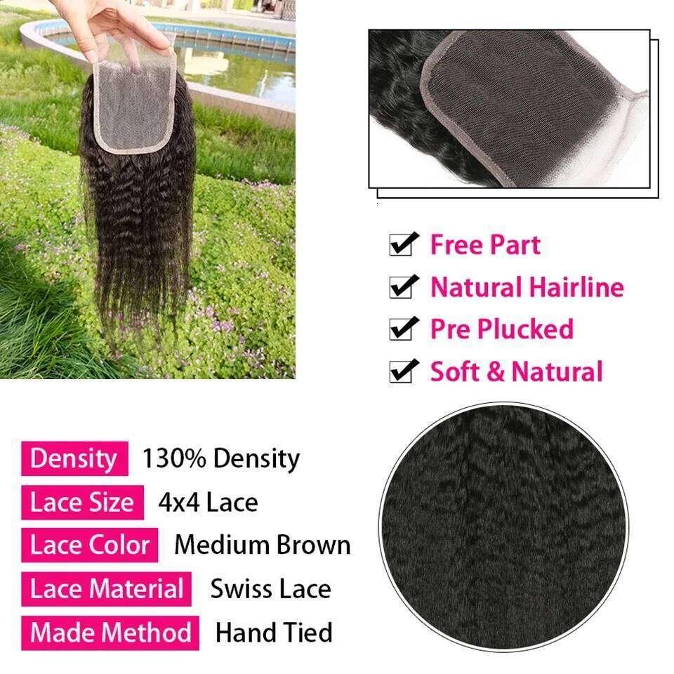 8-30Inch Remy Kinky Human Yaki Straight Bundles Hair Weft With 4X4 Lace Frontal Closure