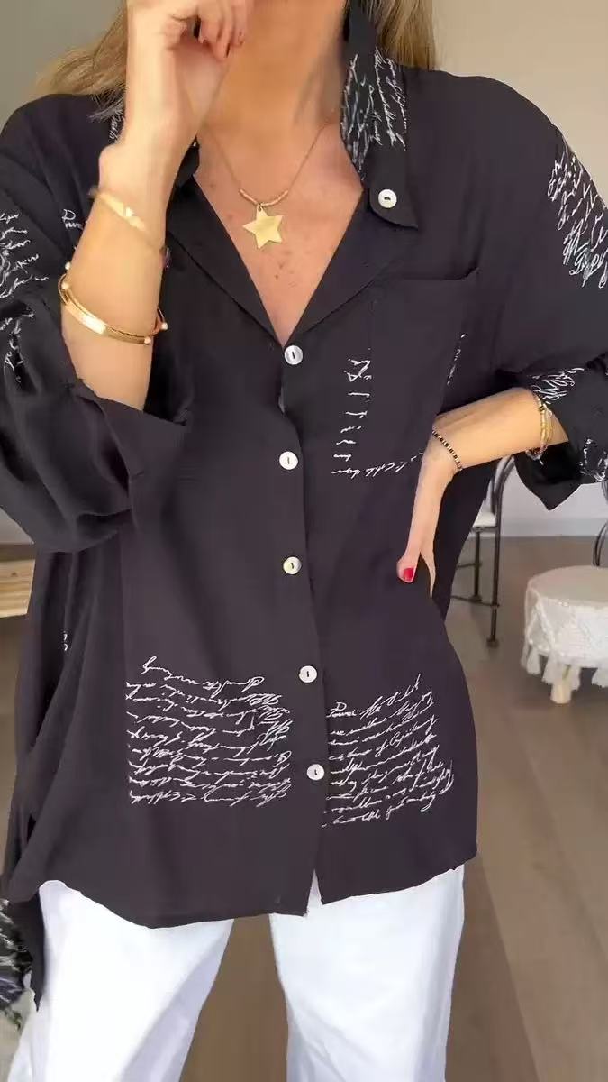 Newly Womens Button V Neck Letter Print Shirt Lace up Ladies Single Breasted Autumn Lantern Sleeve Loose Tops Blouse