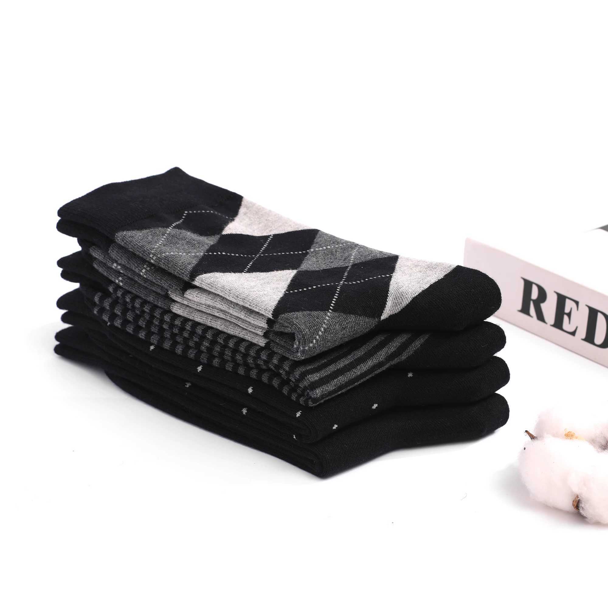 5-6 Pairs 2024 New Simple Large Size Men Dress Socks High Quality Black Gray Stripe Argyle Cotton Casual Socks Size EU41-48 T250612