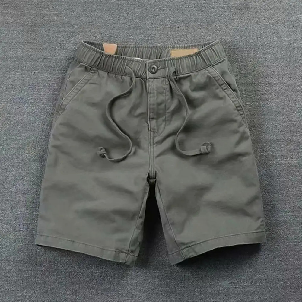 Summer Men Shorts Solid Color PatchPocket Drawstring Elastic Waist Half Trousers Casual Straight Male Cargo 250611Z