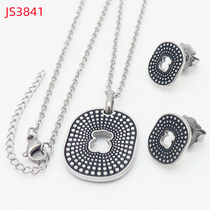New Fashion Women Men Gold Stainless Steel Bear Cartoon Span White Pearl Zircon Black Drop Oil Pendant Necklace Earrings Sets Jewelry