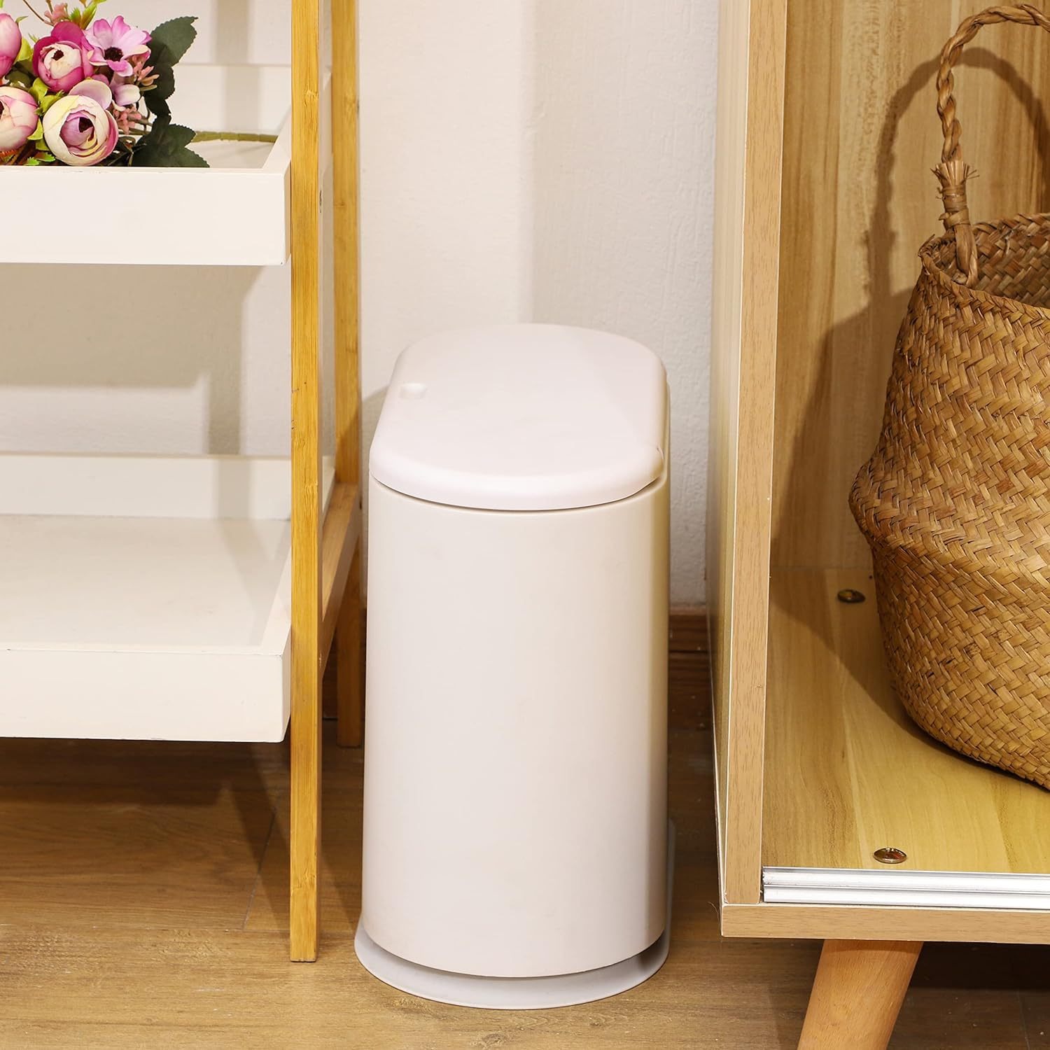 icedog 12 Liter (3.2 Gallon) Rectangular Trash Can with Press Top Lid - White Modern Waste Bin for Bathroom, Bedroom, Kitchen, Office - Slim Plastic G